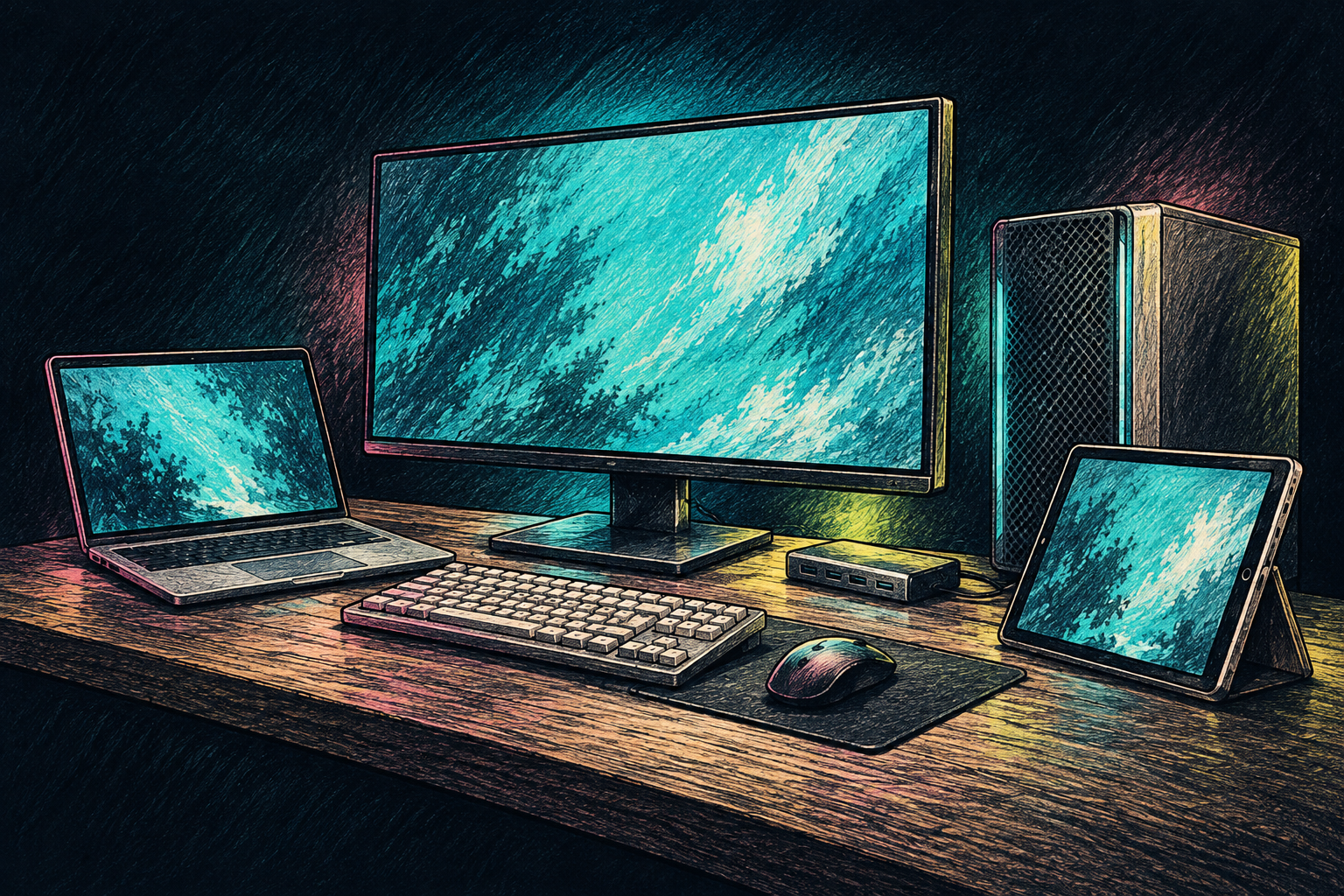 パソコン、ノートPC、タブレット、キーボード、マウスを描いた濃い鉛筆線と色鉛筆のイラスト